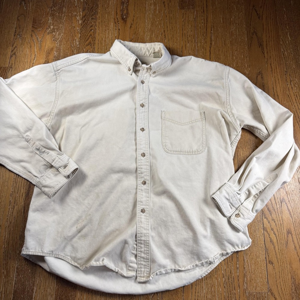 L.L.Bean Shirt Mens XL Beige Twill Button Down Fishing Workwear Hiking Heavy
